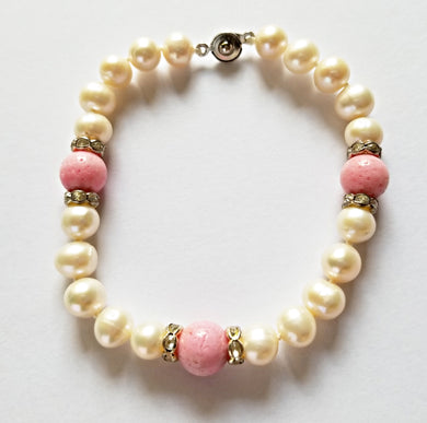 HAPPY000048 PB - PW   7-8mm Freshwater Pearls and Pink Corals Bracelet