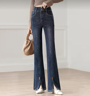 HAPPY- 000006 - DB Dark Blue High Waist Slit Flare Leg Jeans