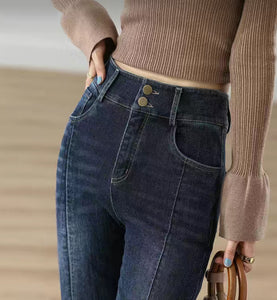 HAPPY- 000006 - DB Dark Blue High Waist Slit Flare Leg Jeans