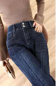 HAPPY- 000006 - DB Dark Blue High Waist Slit Flare Leg Jeans